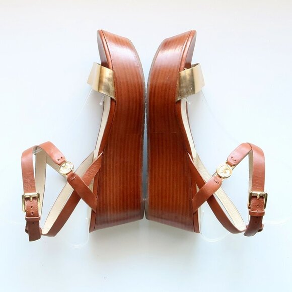Michael Kors Brown & Gold Platform Wedge Strappy Open Toe Sandals / Summer Shoes - Picture 13 of 16